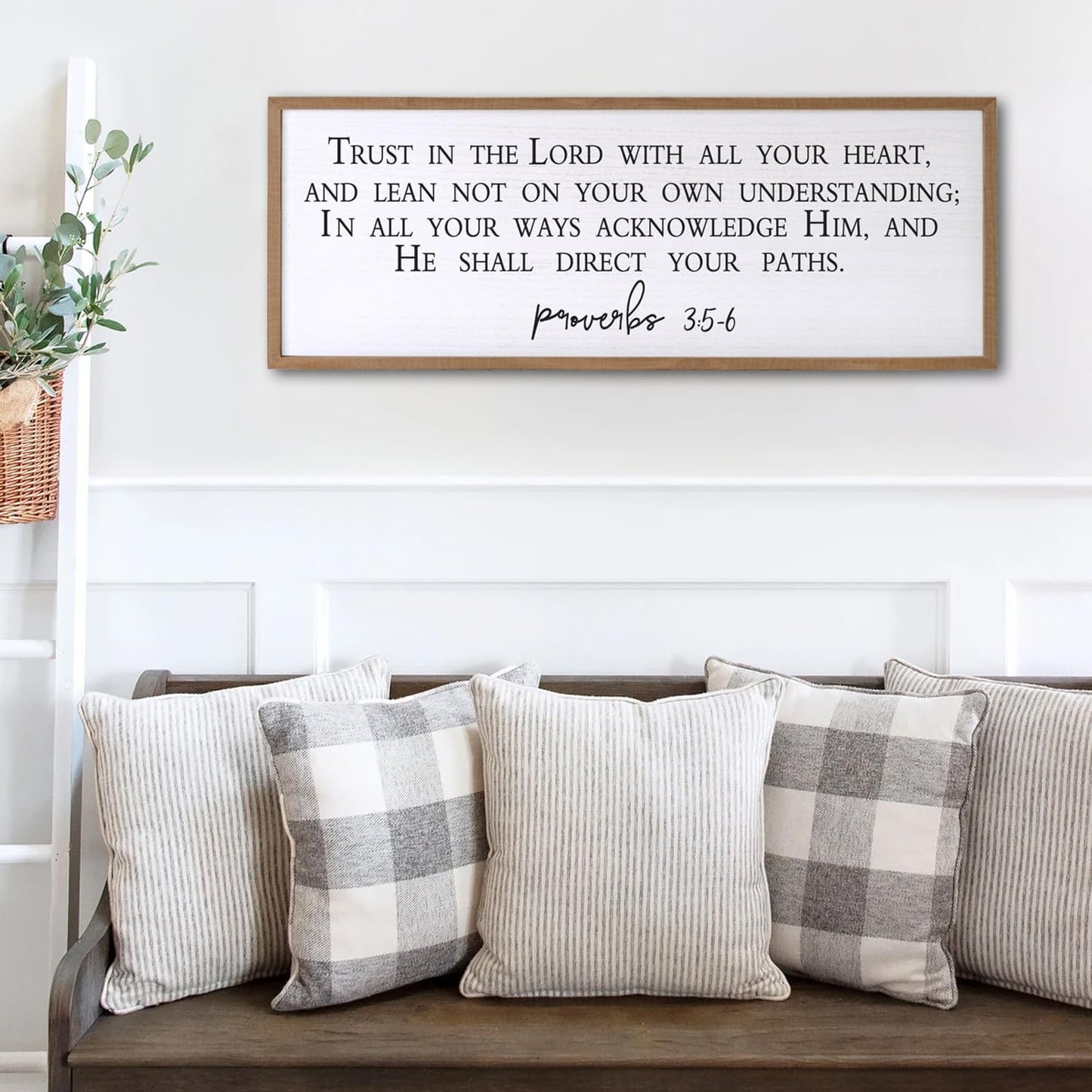 Trust in the Lord With All Thine Heart Wall Decor Art Bible Verse Sign Proverbs 3:5-6 Framed Wood 32X12 Inch For Scripture Christian Hanging (Wood)