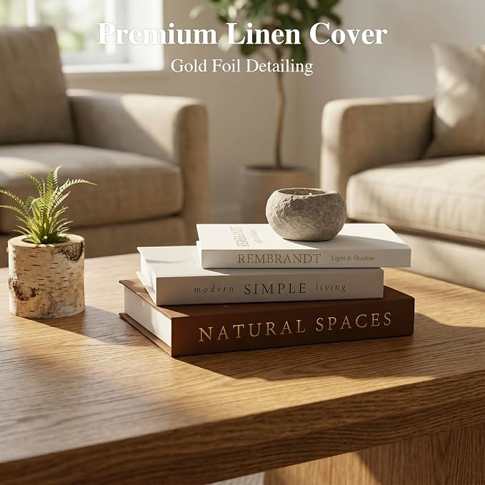 XL Decorative Books for Home Decor – Premium Linen Coffee Table Books with Hidden Storage, Faux Book Set for Living Room, Bookshelf & Shelf Styling (Beige-Brown)