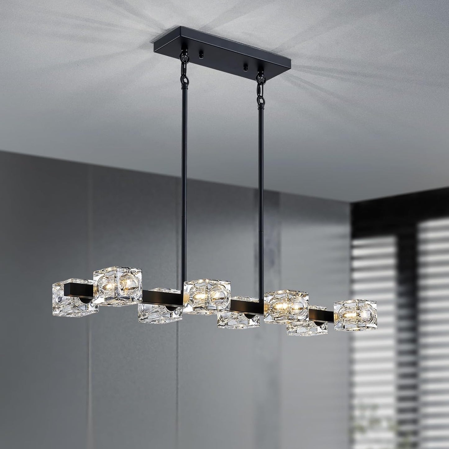 XINGQI Modern Chandeliers for Dining Room Over Table, 8-Light Rectangular Kitchen Island Light Fixture, Linear Farmhouse Metal Glass Black Vintage Hanging Lamp for Living Room Bar
