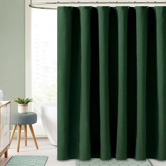 BTTN 60 Inch Stall Fabric Shower Curtain - Linen Textured Heavy Duty Shower Curtain Set with 10 Plastic Hooks, Narrow Waterproof Decorative Curtains for Bathroom and Bathtubs - 60x72 - Emerald Green