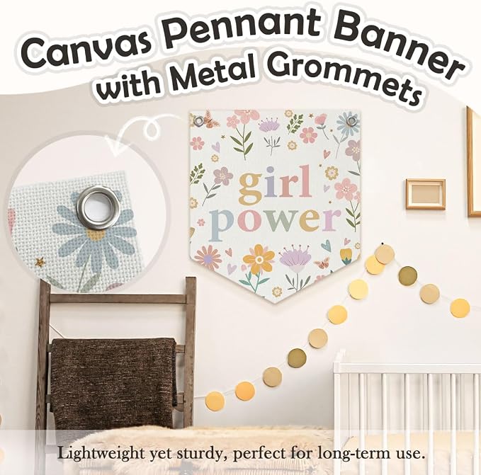 Girls Room Decor – Girl Power Linen Pennant, Floral Canvas Triangle Banner Flag, Wildflower Wall Hanging Decor for Toddler & Baby Girl Nursery, 14.5x12.6 in