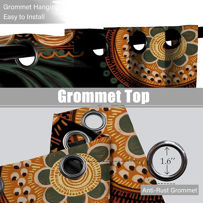 Tyrot 100% Blackout Black Boho Floral Curtains 108 Inch Extra Long for Living Room Mid Century Botanical Black Out Curtains Room Darkening Grommet Top Thermal Insulated Window Drapes 2 Panels,52Wx108L