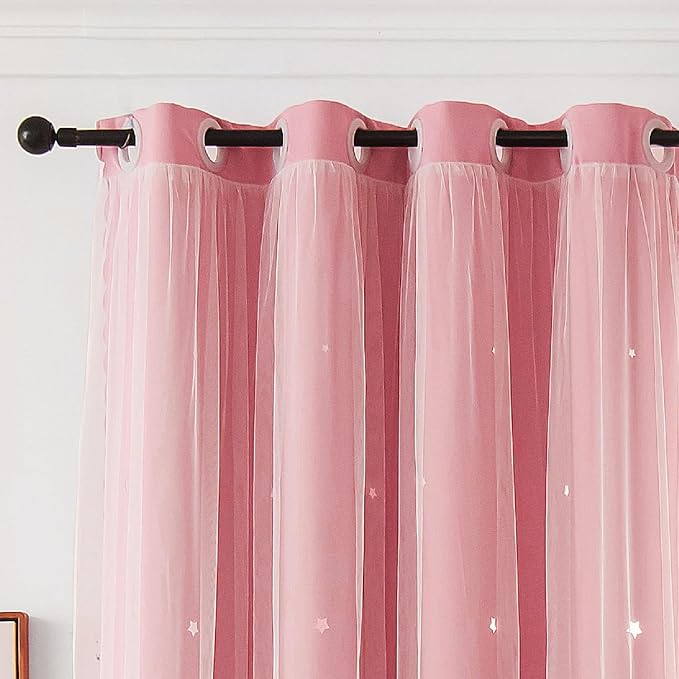 Pink Curtains Cute Blackout Curtains for Girls Room 63 Inches Long 2 Panels Star Cutout Nursery Curtains & Drapes Double Layer with Lace Bedroom Decor Window Treatments 63 Inch Length