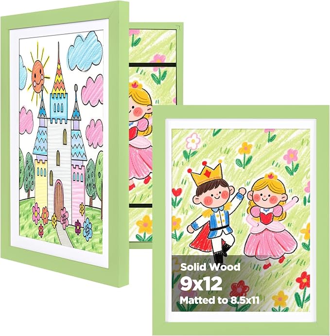 KINLINK 9x12 Kids Art Frame 2 Pack, Solid Wood Artwork Frames Changeable, Front Opening Hold 150 Pictures, Art Frames for Kids Artwork, 8.5x11 with Mat 9x12 without Mat, Picture Frames Light Green