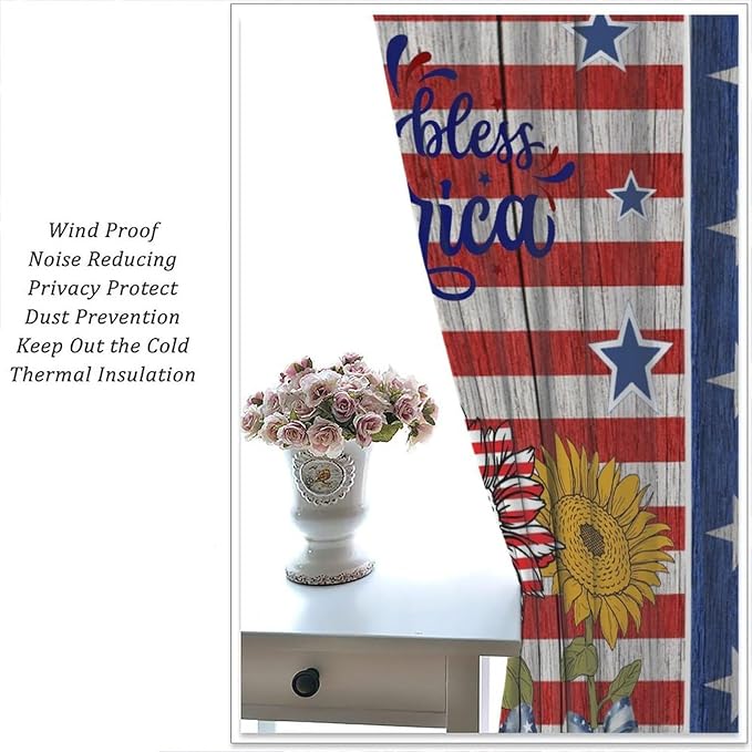 American Flag Curtains,Rustic Retro Wooden Sunflowers Stars Stripe USA Independence Day Decor Drape for Bedroom Living Room Window Treatment 2 Panels Set Total Size 63" W X 72" L Inch