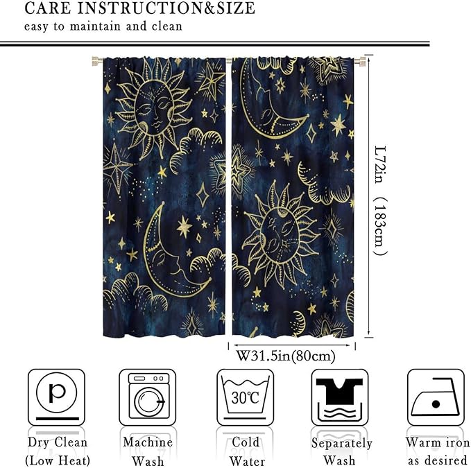 Boho Sun Moon Blackout Window Curtains, Bohemia Theme Sun Moon Stars Print Pattern Rod Pocket Window Drapes, for Living Room Bedroom 63x72in 2 Panels