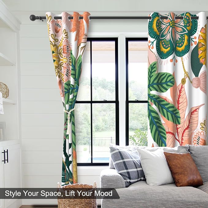 Boho Floral Blackout Curtains 84 Inch Long 2 Panels Set, Grommet Thermal Insulated Window Black Out Curtains for Bedroom Living Room, Soundproof Privacy Light Filtering Drapes with Curtain Tiebacks