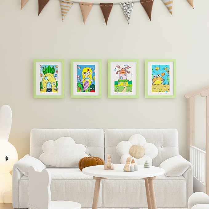 KINLINK 8.5x11 Kids Art Frame 2 Pack, Solid Wood Artwork Frames Changeable, Front Opening Hold 150 Pictures, Art Frames for Kids Artwork, 6x9 with Mat 8.5x11 without Mat, Picture Frames Light Green