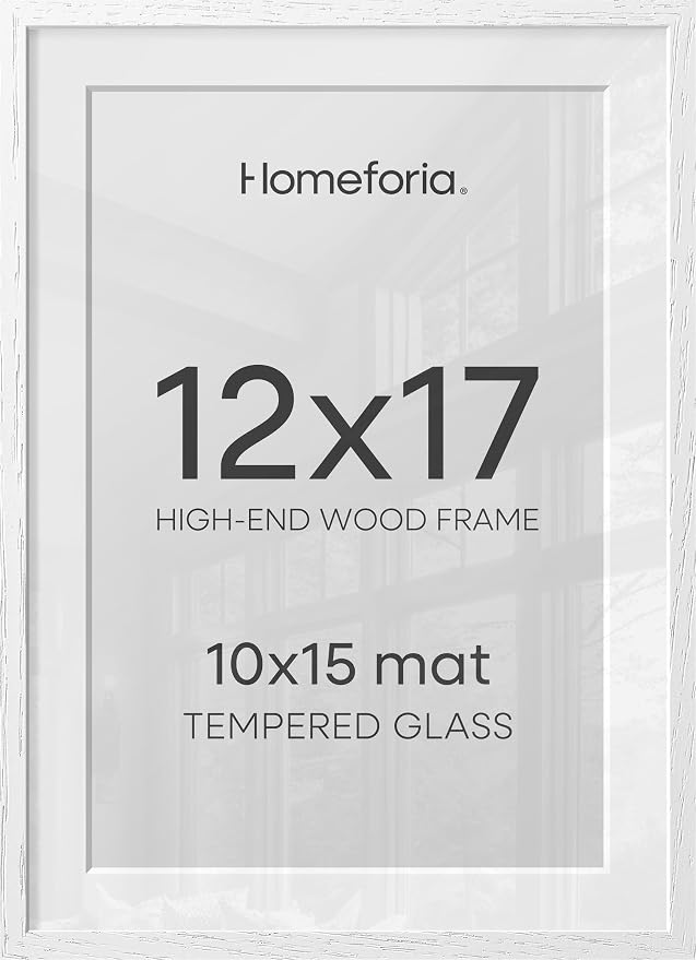 Homeforia 12x17 White Picture Frame, High End Oak 12x17 White Wooden Poster Frames with Mat 10x15 for Print, 12 x 17 Wood Frame Matted to 10 x 15 Photo, 17x12 Frame, Tempered Glass, Wall Kit, Set of 1