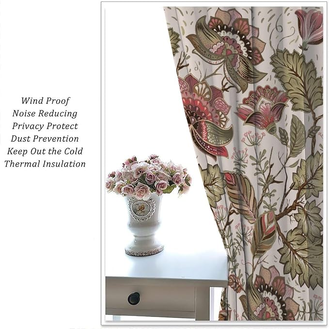 Vintage Floral Blackout Curtains, Bohemian Plant and Leaf Print, Blackout and Insulated Curtains for Bedrooms, Living Rooms, and Darkrooms42X54 Inch
