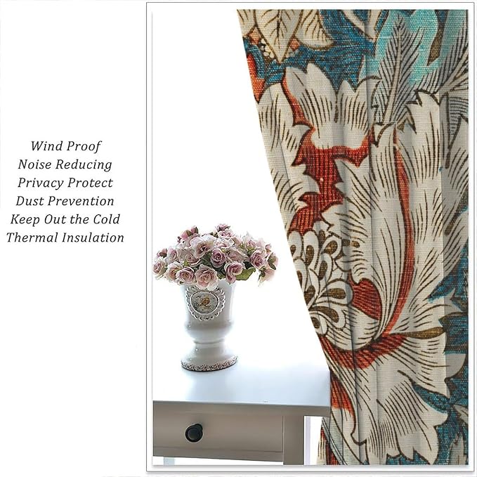 William Morris Plant Floral Blackout Window Curtains, Bohemian Vintage Rustic Flowers William Morris Art Style Window Drapes, for Bedroom Living Room 31.5(W)*72(L) 2 Panels