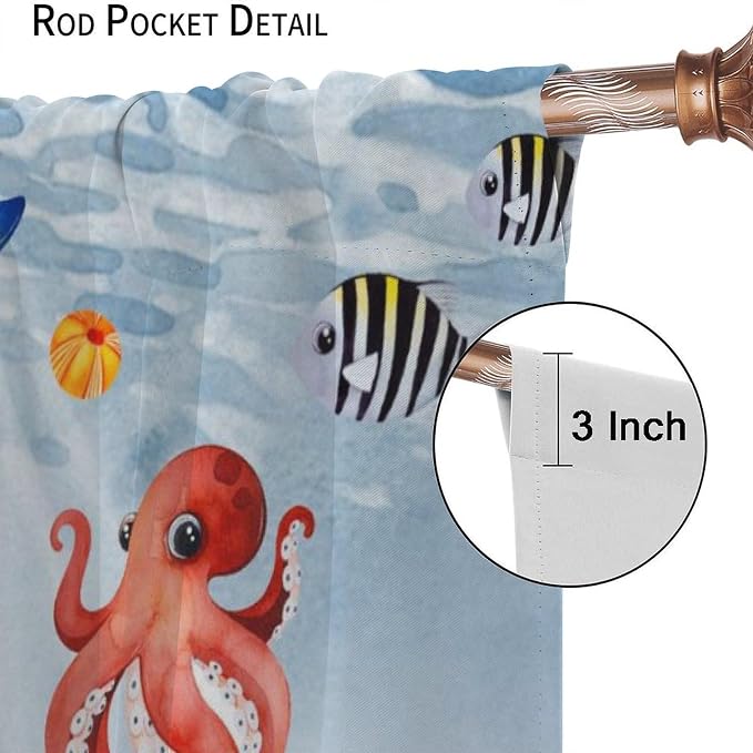 YCness Sea Animal Curtains for Boys Girls Bedroom Nursery Decor Cartoon Tropical Fish Underwater Coral Animals Art Printed Blackout Window Drapes Fabric Set 2 Panel 42x45 Inch 80% Shading Rate