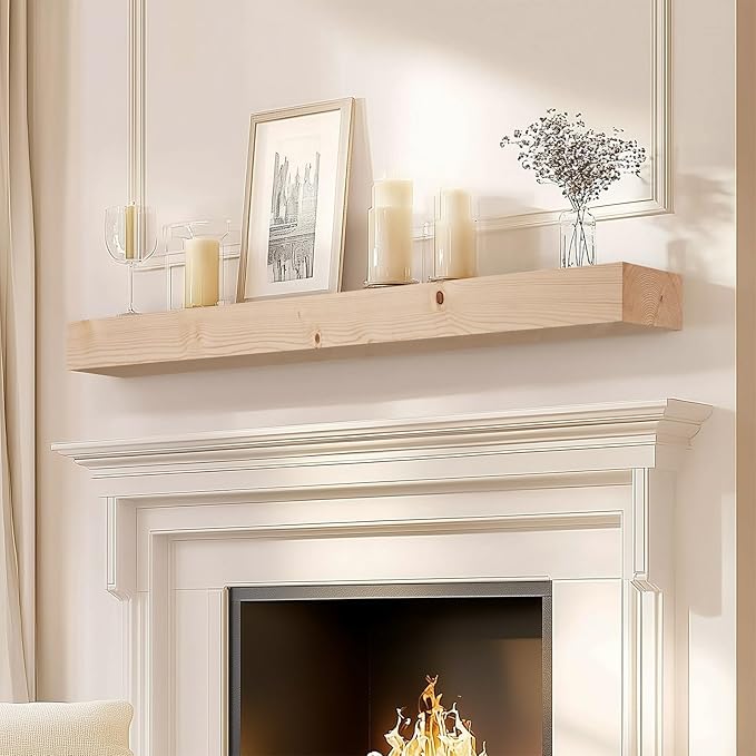 60x7x3 Fireplace Mantel - Solid Rustic Wood Wall Mounted Floating Shelf - DIY Color - with Invisible Heavy Duty Steel Bracket