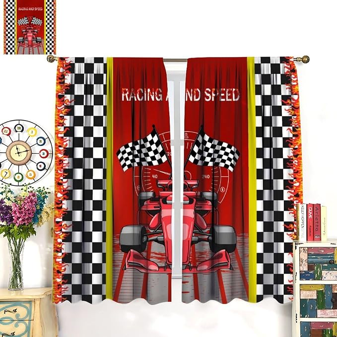 Racing Car Blackout Curtain,for Kids Boys Black Red White Start Flag Cartoon Race Cars Curtains Dining Room Living Room Kitchen Cafe Bedroom Office Nursery Drapes,52x96 in