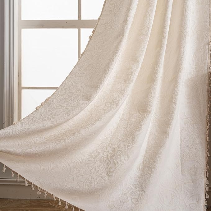 ENJOYBRIDAL Paisley 63 Inch Curtains for Bedroom Living Room Drapes Jacquard Semi Sheer Off White Short Window Curtain Panels Rod Pocket 2 Panels Set Boho Farmhouse Floral Cream Window Treatments