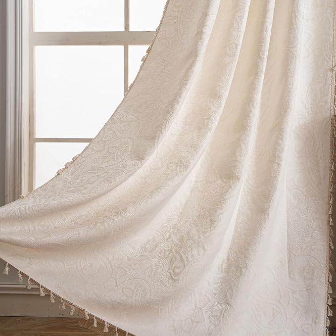 ENJOYBRIDAL Paisley 84 Inch Curtains for Bedroom Living Room Drapes Jacquard Semi Sheer Off White Floor Length Window Curtains 2 Panels Set Rod Pocket Boho Farmhouse Floral Cream Window Treatments