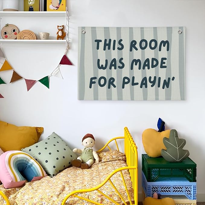 Playroom Decor Wall Banner "This Room Was Made For Playin'" 20x30 Inch - Nursery Canvas Art, Kids Bedroom Hanging, Linen Toddler Play Area Sign, Children's Canvas Flag Decor - Blue