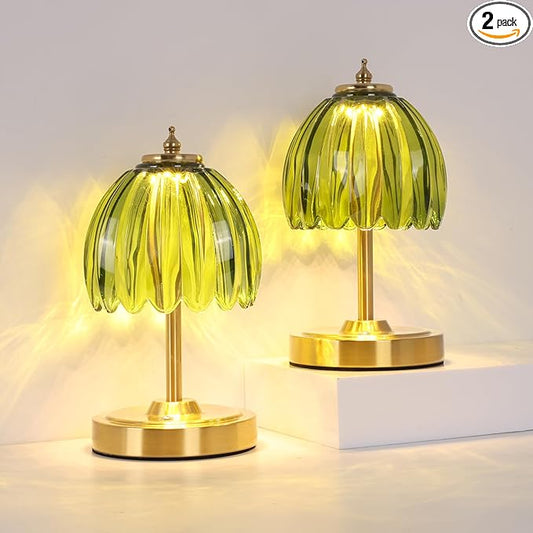 Shenmoyl Set of 2 Tulip Table Lamp with 5200mAh Battery & Touch Control, Cordless Small Table Lamp with 3 Colors, Rechargeable Battery Operated Table Lamps for Nightstand, Bedroom (Green Tulip)