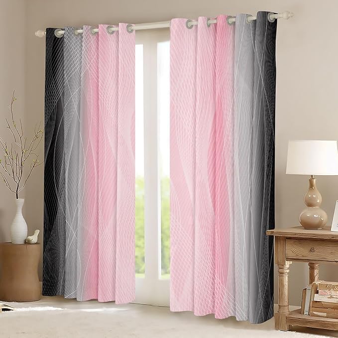 jejeloiu (2 Panels, 52 x 96 Inch Pink and Black Darkening Drapes Strip Lines Curtains for Bedroom Living Room for Kids Women Men Ombre Printed Blackout Curtains Geometric Window Treatments