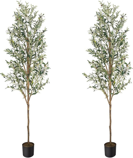 Artificial Fake Olive Tree 7FT Tall 2Pack Faux Silk Olive Tree for Home Living Room Office Decor Faux Artificial Plants Indoor Fake Potted Plants with Fruit & Free Moss