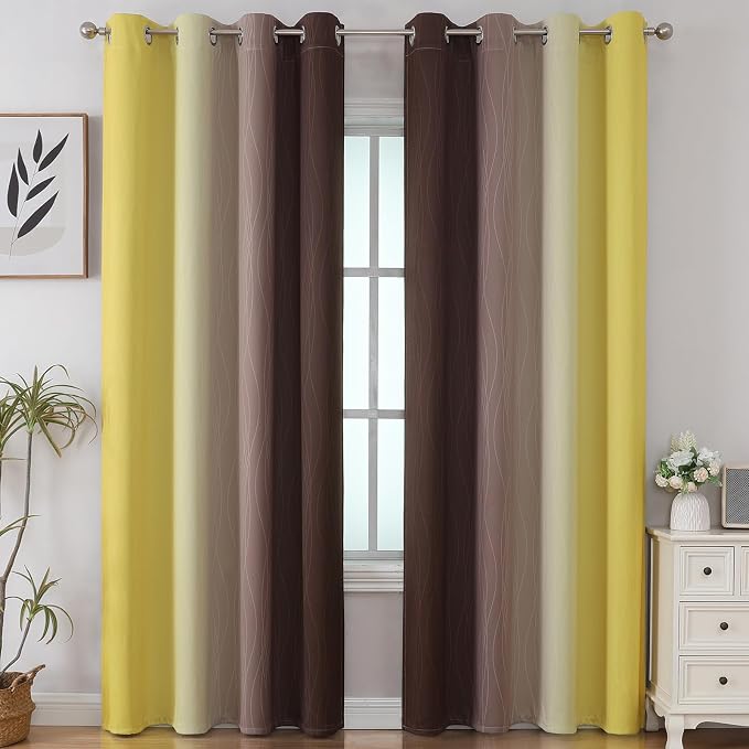 Estelar Textiler Brown and Yellow Gradient Blackout Curtains for Bedroom, Thermal Insulated Ombre Blackout Drapes, Full Light Blocking Energy Saving Curtains for Living Room, 52Wx96L, 2 Panels