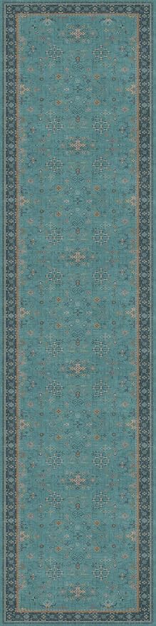 Vintage 3x12 Long Hallway Runner Rug - Teal Boho Waterproof 3x12 Kitchen Floor Mat, Low Pile Thin Carpet for Bedroom Bedside, Modern Eclectic Boho Design Décor