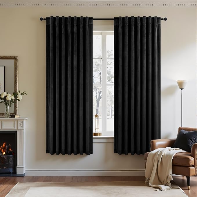 Black Out Velvet Room Darkening Curtains 63 Inch Length for Living Dining 2 Panels Heavy Privacy Energy Smart Insulating Summer Heat Winter Curtain for Kitchen Door Doorway Master Bedroom Guest Office