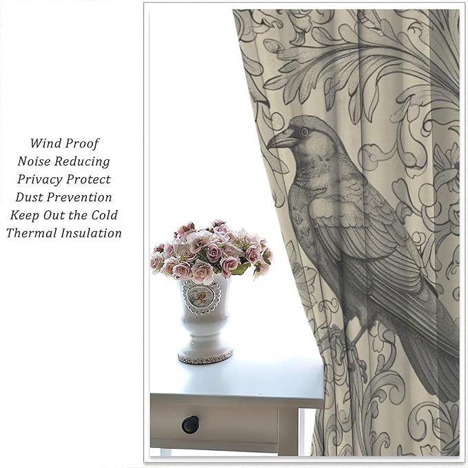 William Morris Blackout Curtains, Vintage Bird Crow Boho Rustic Flower Print Window Drapes, for Bedroom Living Room 55" W X 63" L