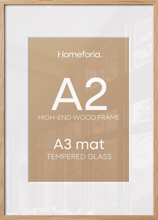 Homeforia A2 Picture Frame Natural Wood, High End Oak 16.5 x 23.4 Wooden Poster Frames Matted to 11.7 by 16.5 Photo, A2 Size Light Wood Frames with Mat A3 for Print, Tempered Glass, Wall Kit, Set of 1