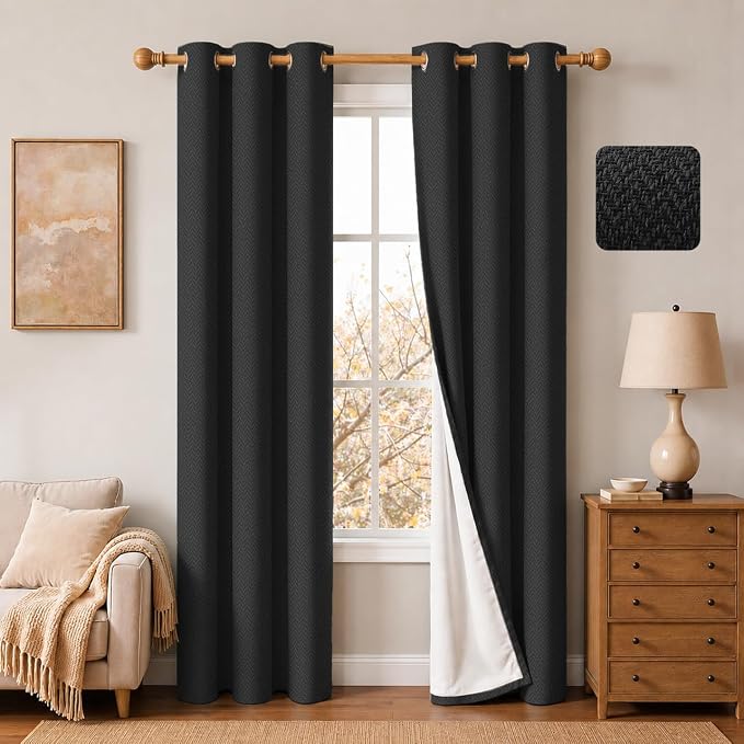 2 Panels 100% Blackout Linen-Textured Curtains, Thick Thermal Insulated Grommet Drapes with Subtle Herringbone Weave, Luxury Decor for Bedroom/Living Room, 37 x 84 Inches, Black