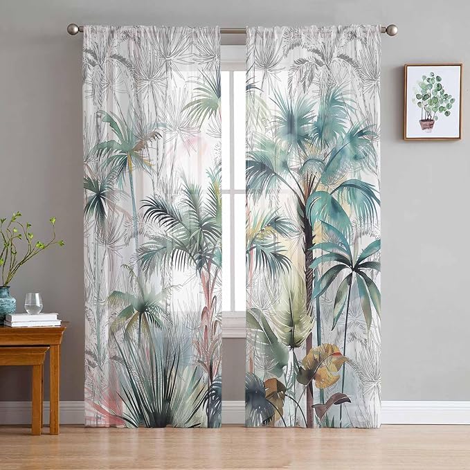 Teal Green Palm Tree Sheer Curtains 84 Inch Length 2 Panels Set for Living Room/Bedroom, Semi Curtain Sheers Drapes Rod Pocket Window Curtains 52x84x2 Summer Tropical Coconut Plant Modern White