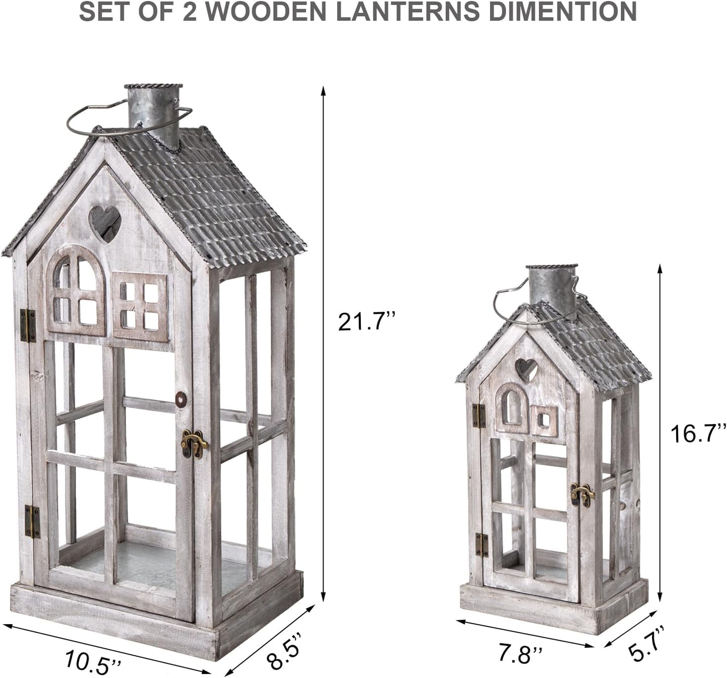 Large Farmhouse Wooden Metal Candle Lantern Set of 2, Rustic Decorative Floor Lanterns, Indoor/Outdoor Village Houses Lantern for Home Decor (No Glass)