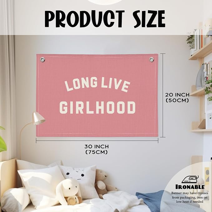 Long Live Girlhood Banner, Girls Baby Nursery Decor, Toddler Girl Room Decor, Pink Girls Room Wall Decor, 30x20 Inch Linen Wall Hanging Canvas Banner Flag - Hot Pink
