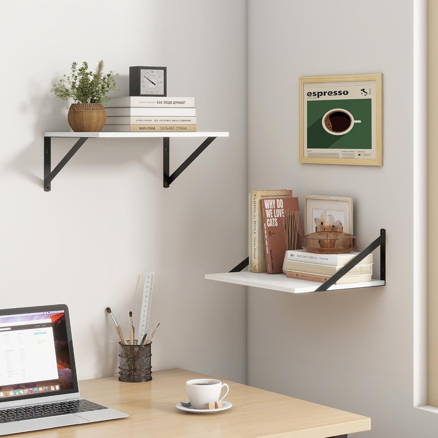 Fun Memories Floating Shelves Set of 2, 16" W x 12" D, White Ledges for Bedroom, Bathroom, 12" Deep Bookshelf Wall Mounted