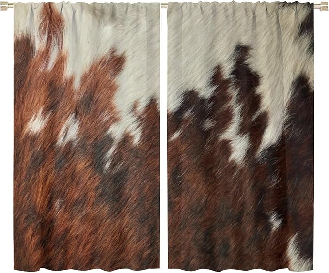 Cow Print Blackout Curtain,Animal Fur Skin Brown White Cowhide Western Rustic Farmhouse Window Treatments Rod Pocket Curtain for Bedroom Living Room Kitchen Decor Drapes 72x63in