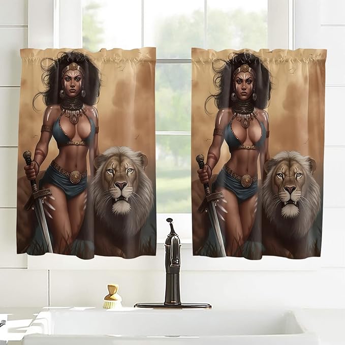 Kitchen Tier Curtains 45 inches Length, Valkyrie on The Prairie Llion and Warrior Woman Window Curtains for Living Room Bathroom,Rod Pocket Light Filter Drapes Half Window Treatment Tiers 2 Panels