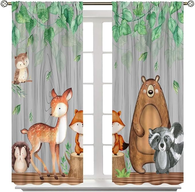 Rustic Animal Curtains, Wild Forest Animal Bear Fox Deer Kids Window Treatments for Living Room Bedroom, Farmhouse Woodland Blackout Drapes 2 Panel Sets, 55x63 Inch