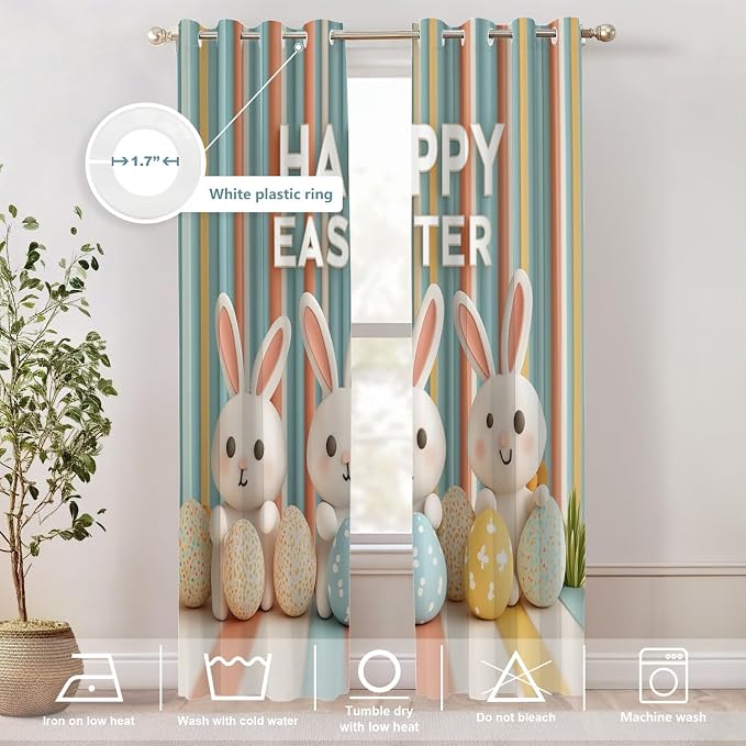 Shrahala Three Rabbits Colorful Eggs Thermal Insulated Blackout Window Curtains, Easter Celebration with Rabbits Eggs Long Drapes for Bedroom/Living Room with Plastic Grommet, 52X84 Set of 2