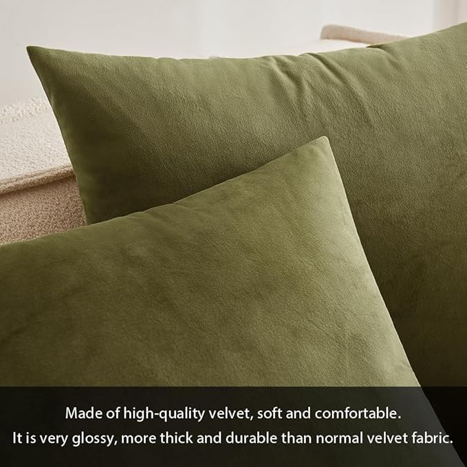 MIULEE Velvet Throw Pillow Covers 20x20 Inch, Pack of 2 - Olive Green, Soft Solid Decorative Pillow Covers Cushion Cases Modern Luxury Home Decor for Couch Sofa Bedroom Livingroom