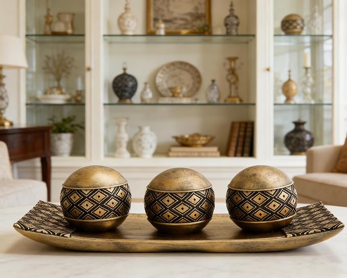 Vintage Decorative Orbs with Tray Set, 3Pcs Resin Decorative Balls with Tray, Modern Accent Sphere for Coffee Table, Dining Table, Living Room, Entryway