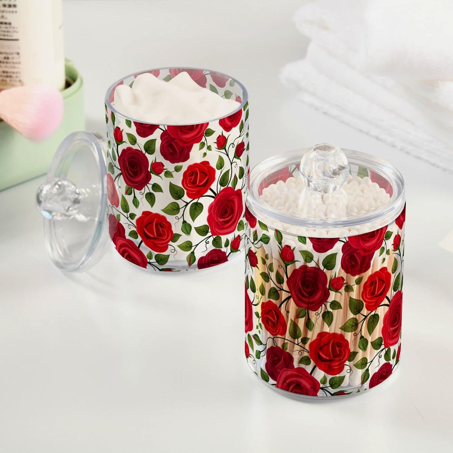 2 Pack Qtip Holder Dispenser Red Rose Flowers Bathroom Storage Canister Lid Acrylic Plastic Apothecary Jar Set Vanity Makeup Organizer for Cotton Swab/Ball/Round Pads, Floss