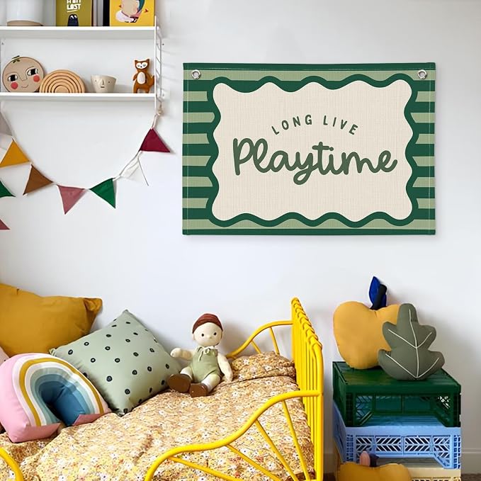 Playroom Decor, Long Live Playtime Banner, Boho Rainbow Linen Banner Wall Hanging Banner Flag Decor for Toddler Boy Kids Room Nursery Playroom, Green