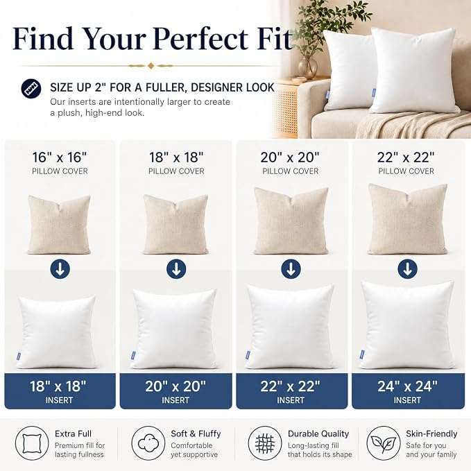 Leeden 30 x 30 Pillow Inserts (Set of 2) - Throw Pillow Inserts with 100% Cotton Cover - 30 Inch Square Interior Sofa Pillow Inserts - Decorative Pillow Insert Pair - White Couch Pillow