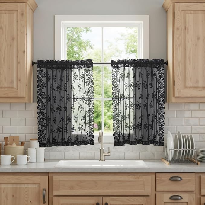 Kotile Black Lace Curtains Short 2 Panels Set, Country Rustic Floral Gothic Sheer Curtains 36 Inch Length for Kitchen Small Windows, Rod Pocket Priacy Sheer Goth Lace Café Curtains, Each 52 x 36 Inch