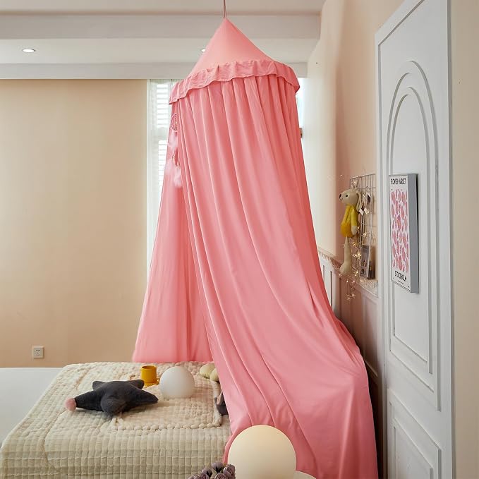 Princess Bed Canopy for Kids, Soft and Durable Dreamy Mosquito Net Bedding, Girls Room Tent, Children Reading Nook Indoor Decor (Coral Pink)