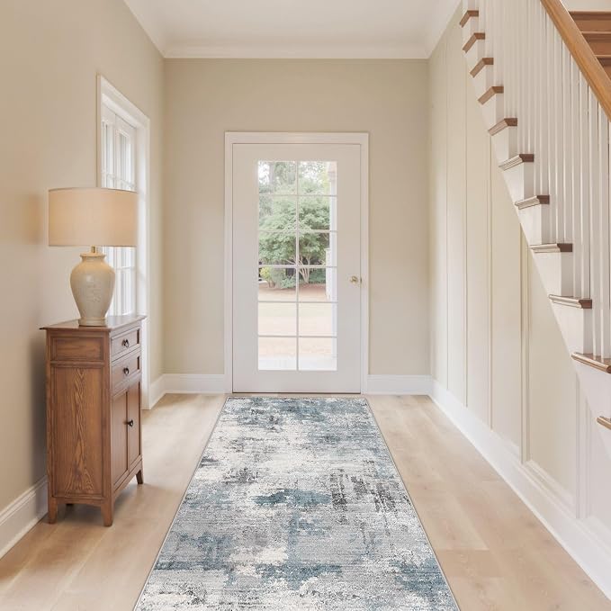 Abstract 2x6 Runner Rug: Machine Washable Non Slip Ultra Thin Low-Pile Carpet, Soft Stain Resistant for Hallway Kitchen Bathroom, Kid Pet Friendly, Robot Vacuum Compatible - Grey Blue