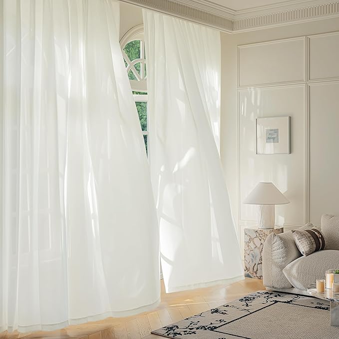 FMFUNCTEX Sheer Non-See-Through Netural Beige Curtains for Bedroom, Faux Silk that Let Light Curtains 102 inches Long Light Filtering Privacy Sheer Drapes for Living Room, Rod Pocket 2 Panels Set