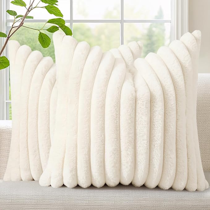 decorUhome Fall Cozy Faux Fur Throw Pillow Covers 26x26 Set of 2 Decorative Plush Striped Modern Farmhouse Boho Couch Euro Sham Pillow Cases with Velvet Back for Sofa Bed Living Room, Cream White