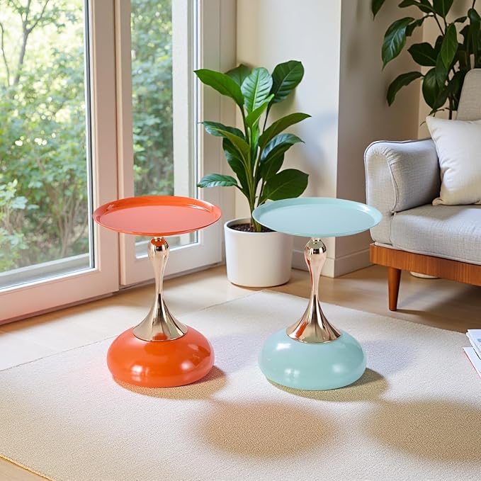 2-Pack Sleek Hourglass Side Table (Light Green & Hermes Orange) - Modern Stylish Accent Table with Glossy Finish & Metallic Detail - Ideal Decor for Living Room, Bedroom & Home Spaces