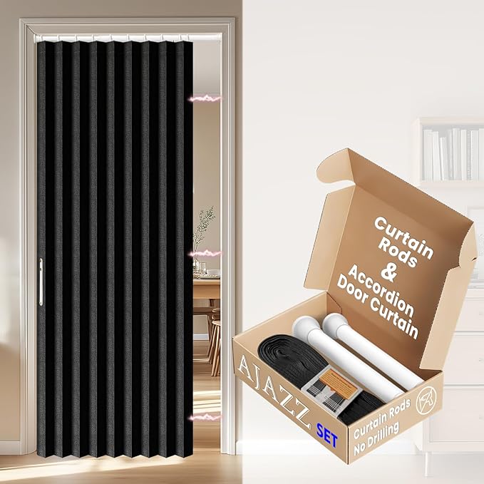AJAZZ Blackout Accordion Door Sets Included Rod (1 Pack, 54W x 78 L, Black) Invisible Accordion Doors Interior Magnetic Door Curtain for Bedroom Living Room Doorway Curtain